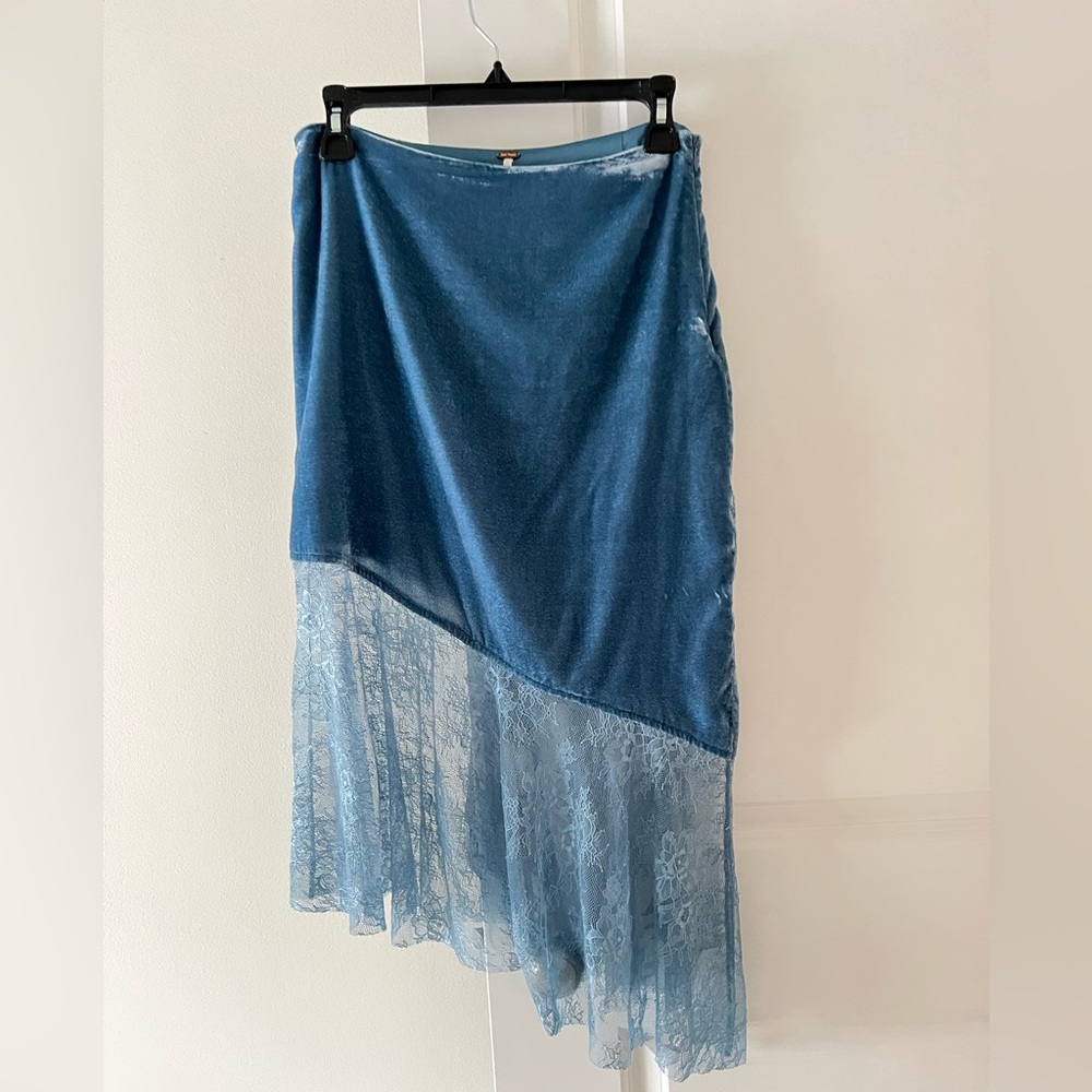 Free People Blue Midi Skirt with Lace Detail